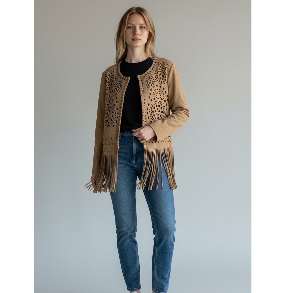 Easel Los Angeles Suede Like Jacket Boho Fringe Cutout Embellished Tan‎